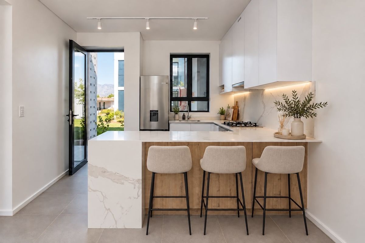 Modern kitchen featuring marble-look stone countertops, a breakfast bar, built-in cabinetry, gas hob, and direct access to an outdoor area.