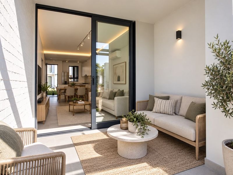 A modern covered patio featuring tiled flooring, a painted brick wall, and large sliding glass doors providing seamless access to the open-plan interior living area.