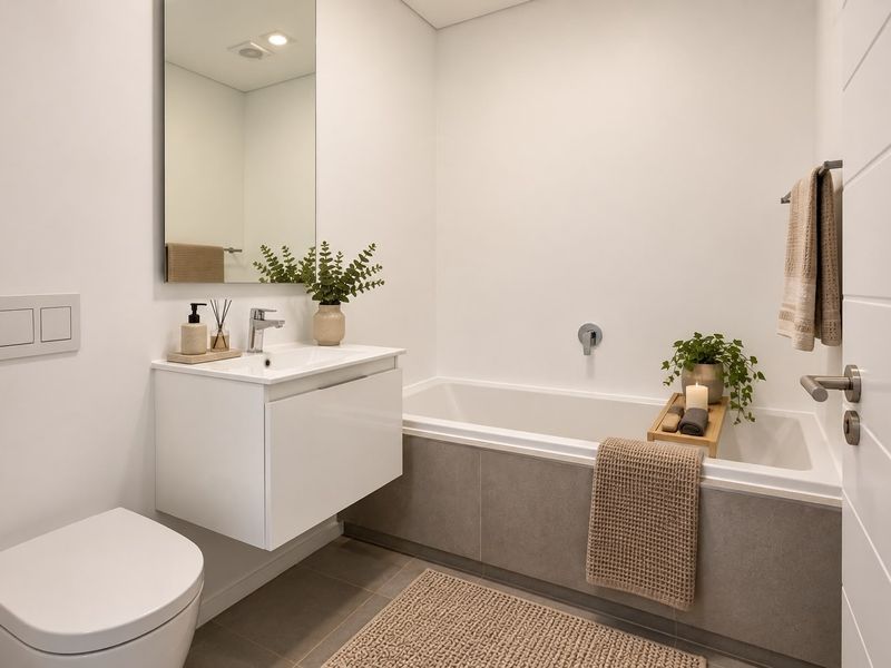 Modern bathroom featuring a wall-hung vanity, built-in bathtub with tiled apron, wall-mounted toilet with concealed cistern, and neutral floor tiling.