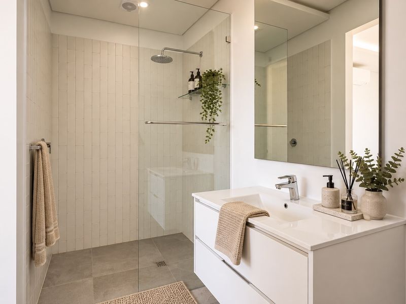 Modern bathroom featuring a walk-in shower with a glass screen, rain shower head, and a sleek white vanity with an integrated basin.