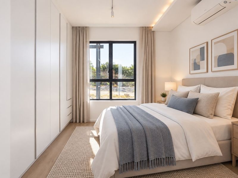 A modern, well-lit bedroom featuring extensive built-in cabinetry, neutral finishes, and a wall-mounted air conditioning unit.