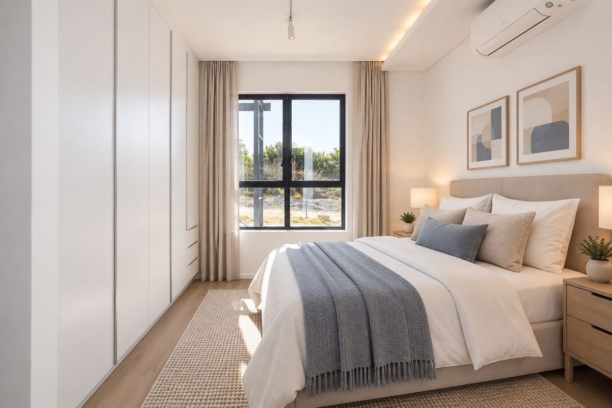 A modern, well-lit bedroom featuring extensive built-in cabinetry, neutral finishes, and a wall-mounted air conditioning unit.