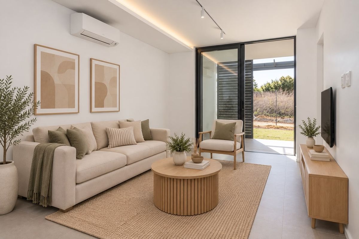 Modern, bright living room featuring tiled floors, recessed lighting, and a large sliding glass door providing seamless access to the outdoor area.