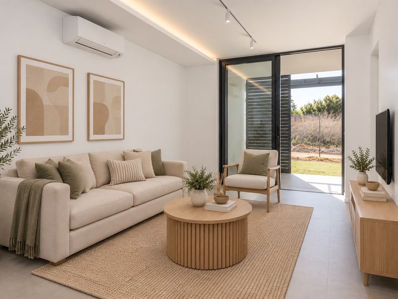 Modern, bright living room featuring tiled floors, recessed lighting, and a large sliding glass door providing seamless access to the outdoor area.