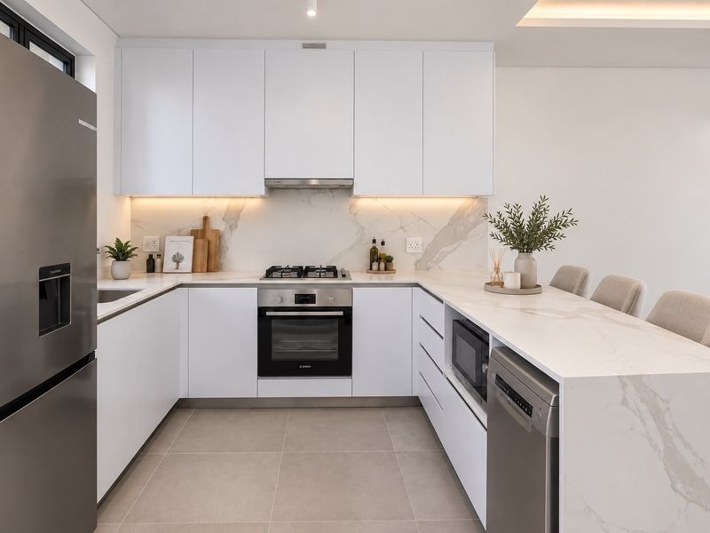 Modern U-shaped kitchen featuring sleek white cabinetry, stone countertops with marble-look splashback, integrated appliances, and a breakfast bar peninsula.