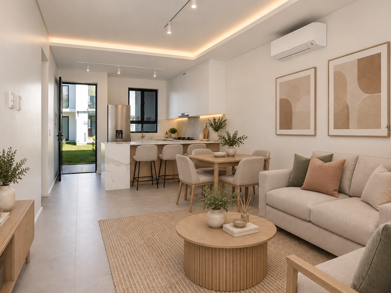Modern open-plan living and kitchen area featuring sleek cabinetry, stone island bench, recessed lighting, and direct access to an outdoor patio space.