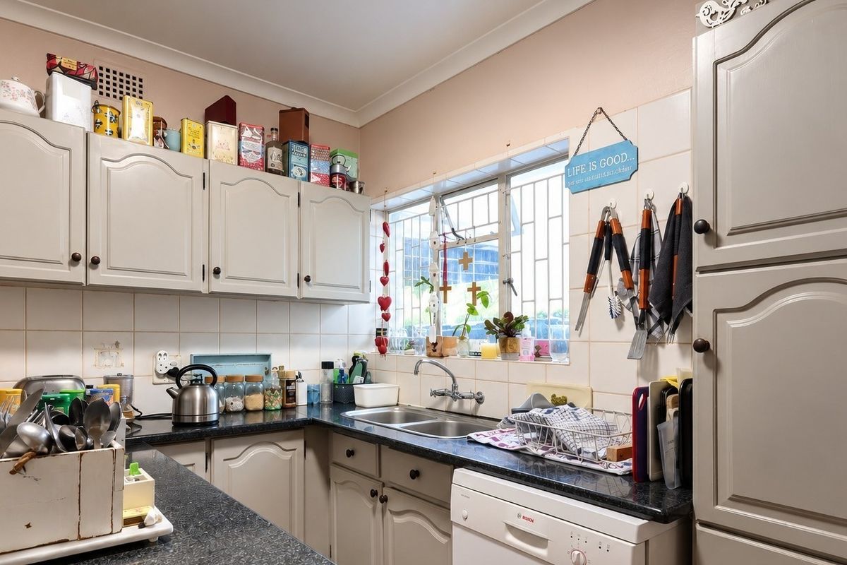 A functional kitchen featuring light-toned cabinetry, dark laminate countertops, a double stainless steel sink, and a tiled backsplash with window security bars.
