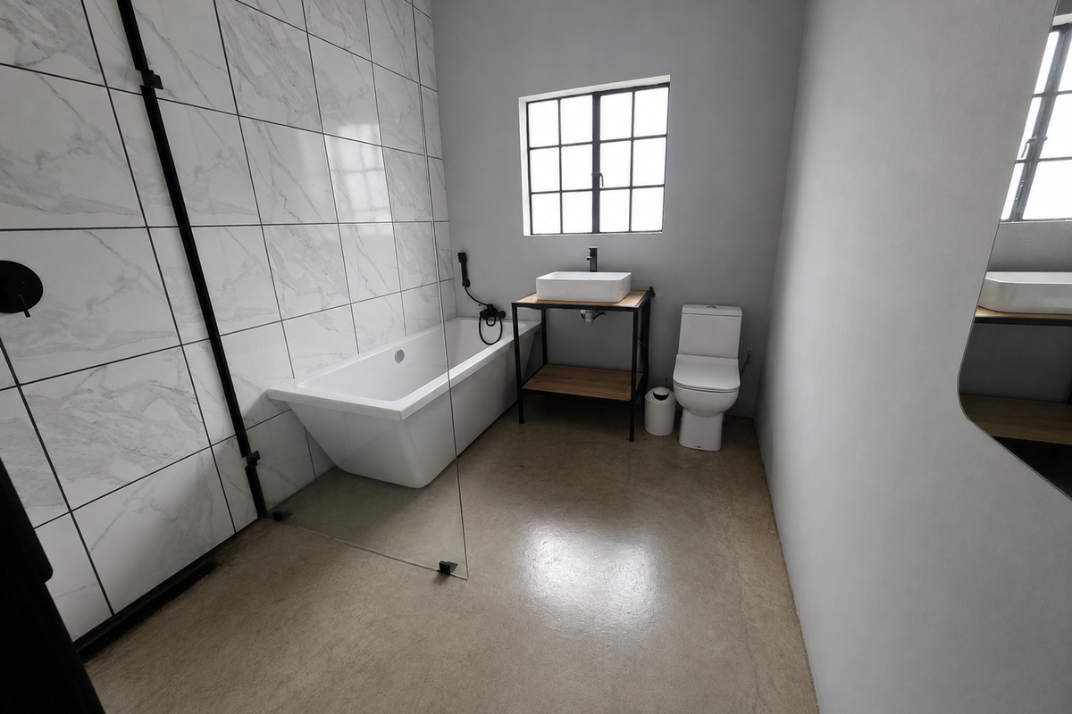 Modern bathroom featuring a freestanding bathtub, glass shower screen, marble-look wall tiling, and a contemporary vanity with a vessel sink.