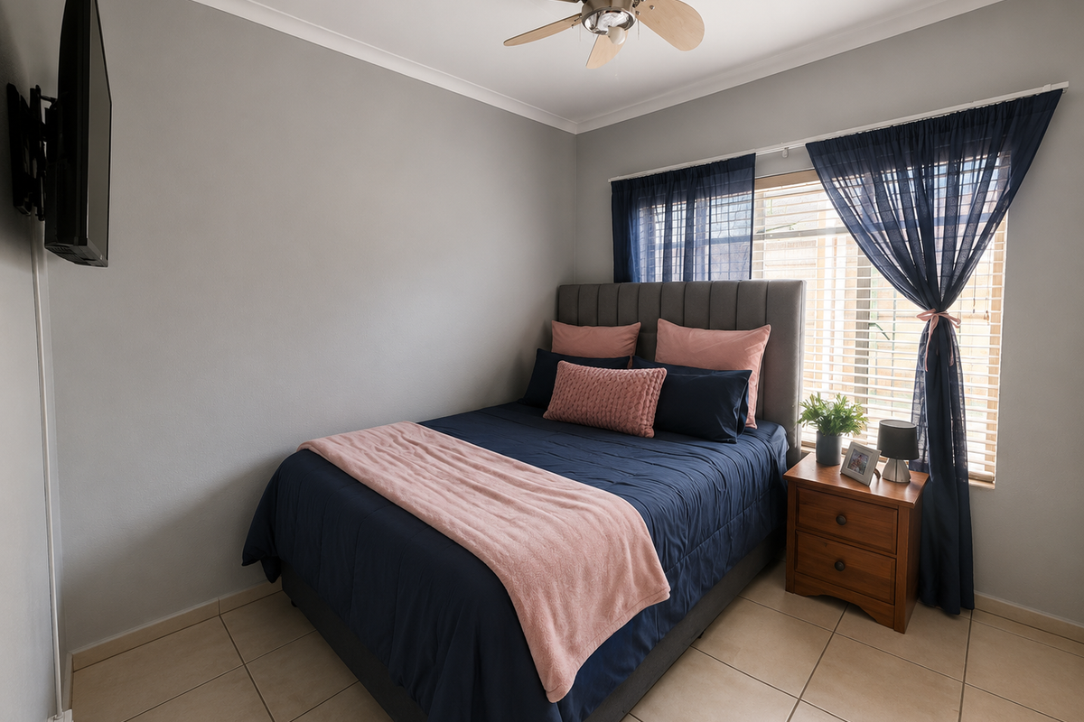 A well-maintained bedroom featuring neutral tiled flooring, a ceiling fan, and a window with fitted blinds, providing a comfortable and functional living space.
