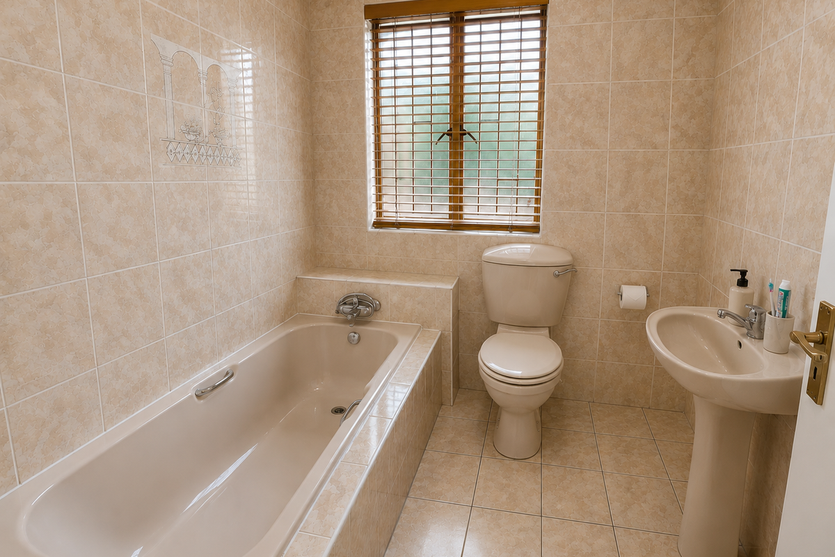 A functional bathroom featuring a built-in bathtub, pedestal basin, and toilet, finished with neutral wall and floor tiling and a window with wooden blinds.