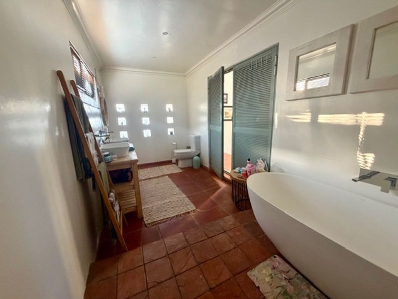 Spacious bathroom featuring a modern freestanding bathtub, wall-mounted basin, toilet, and unique glass block windows with terracotta flooring.