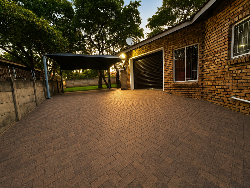 A well-maintained front exterior featuring a paved driveway, brick facade, secure roller garage door, and a shade sail for covered parking.