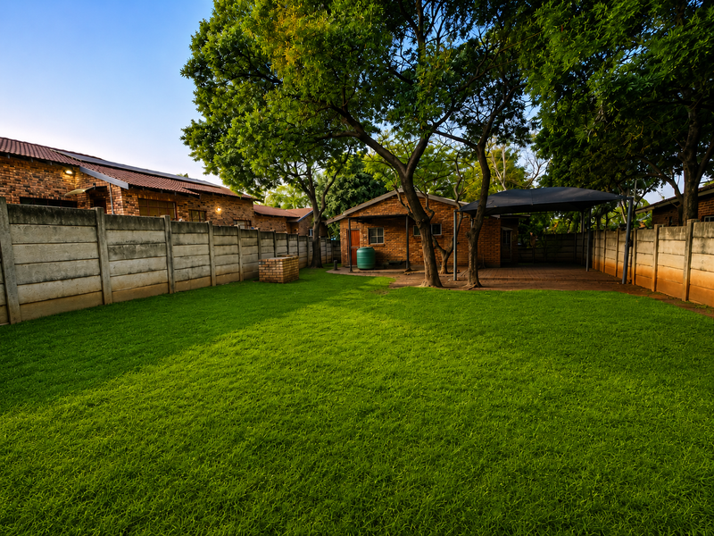 Spacious rear garden featuring a well-maintained lawn, mature trees, a paved patio area with a shade sail, and a brick built-in braai.