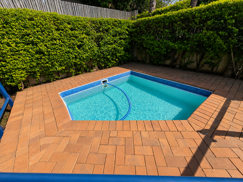 A private swimming pool area featuring brick paving and established hedge landscaping, providing a secluded outdoor space.