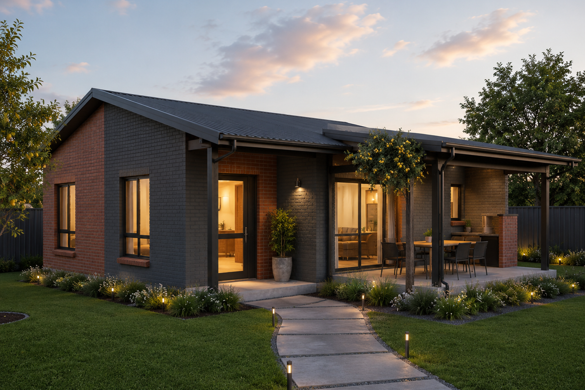 A modern single-story home featuring a mixed brick facade, a covered rear patio with a built-in barbecue, and a landscaped garden with paved walkway.