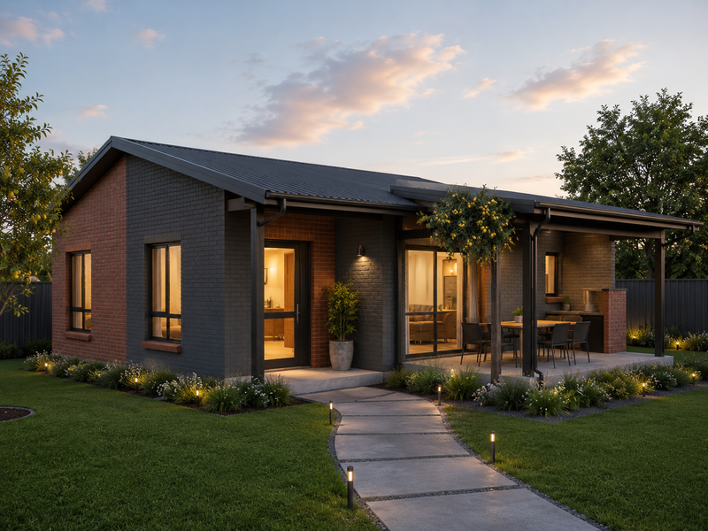 A modern single-story home featuring a mixed brick facade, a covered rear patio with a built-in barbecue, and a landscaped garden with paved walkway.