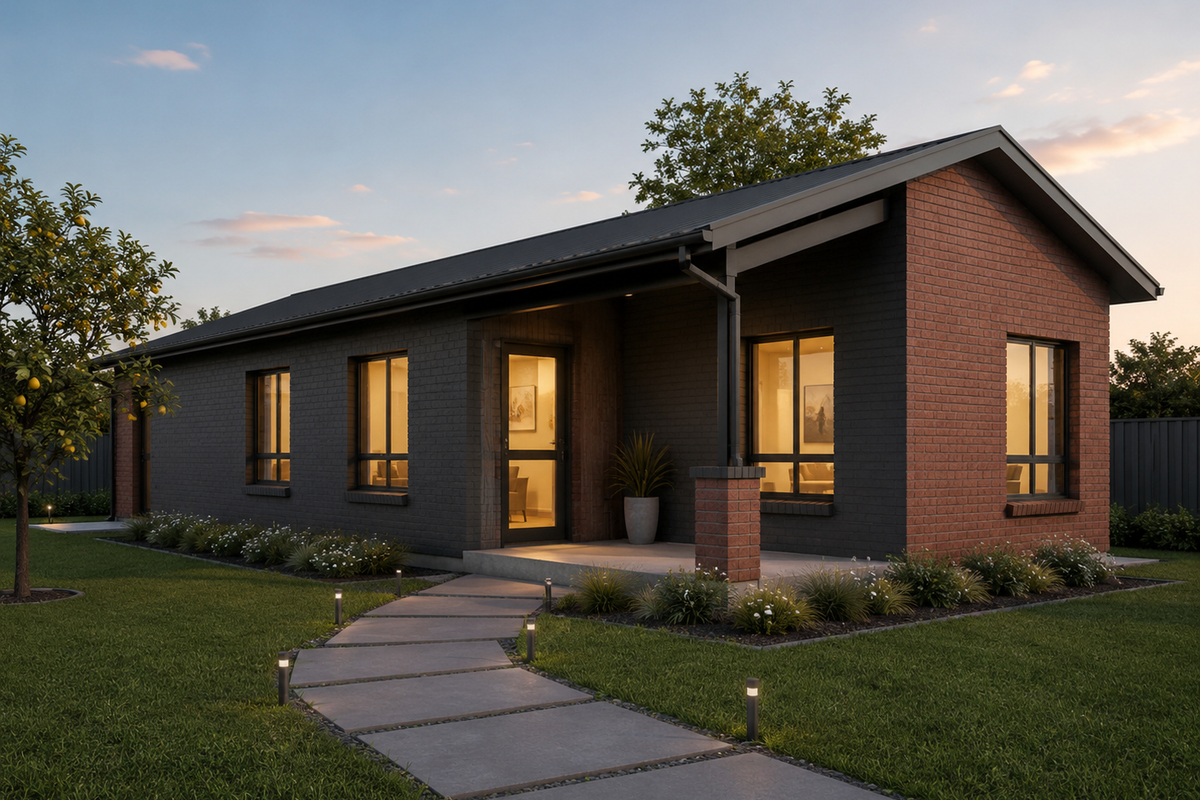 A modern single-story brick home featuring a covered front porch, concrete walkway, and landscaped garden with integrated lighting.