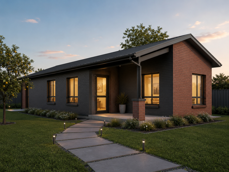 A modern single-story brick home featuring a covered front porch, concrete walkway, and landscaped garden with integrated lighting.