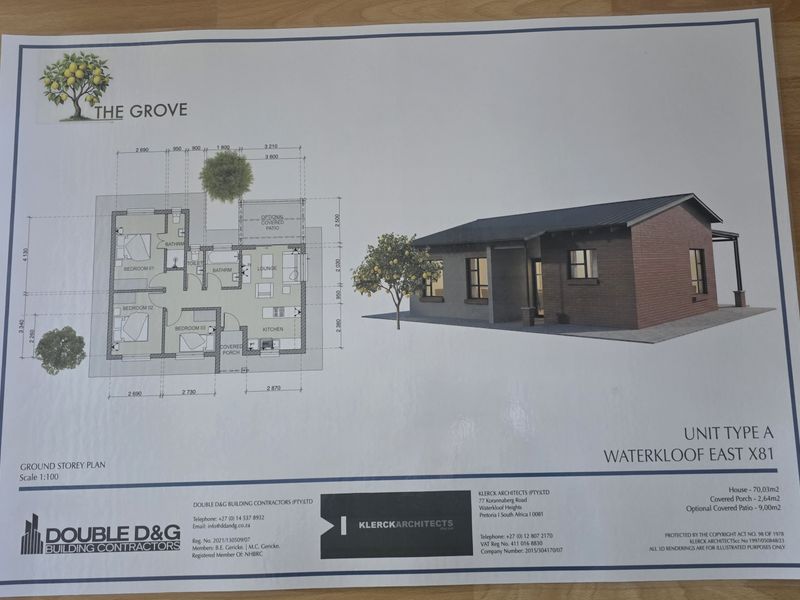 Architectural floor plan and 3D perspective render for Unit Type A at The Grove, Waterkloof East X81.