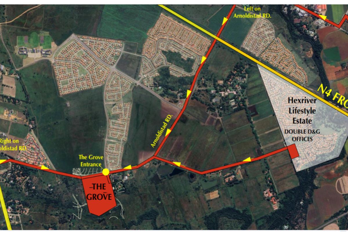 An aerial map showing the location and access routes to The Grove and Hexriver Lifestyle Estate.