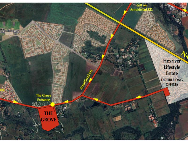 An aerial map showing the location and access routes to The Grove and Hexriver Lifestyle Estate.