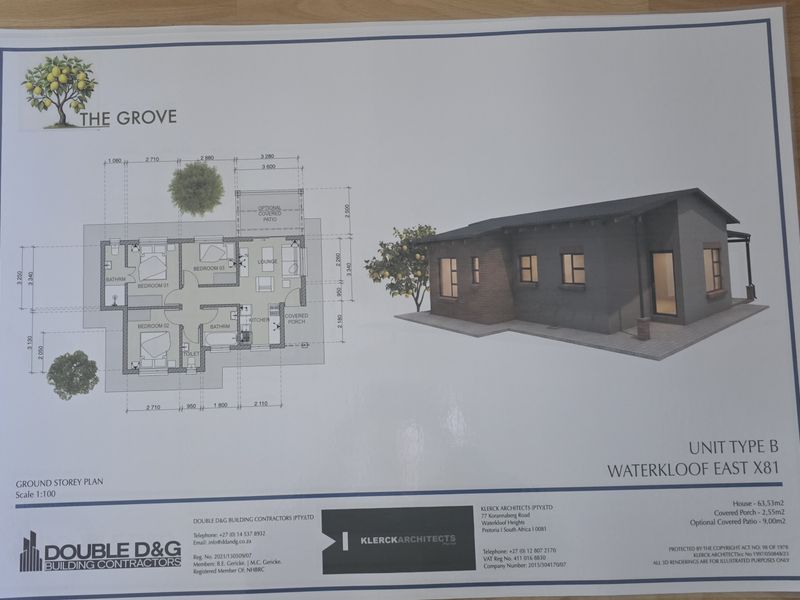 Architectural floor plan and 3D rendering for Unit Type B at The Grove, detailing the layout of a three-bedroom residential house.