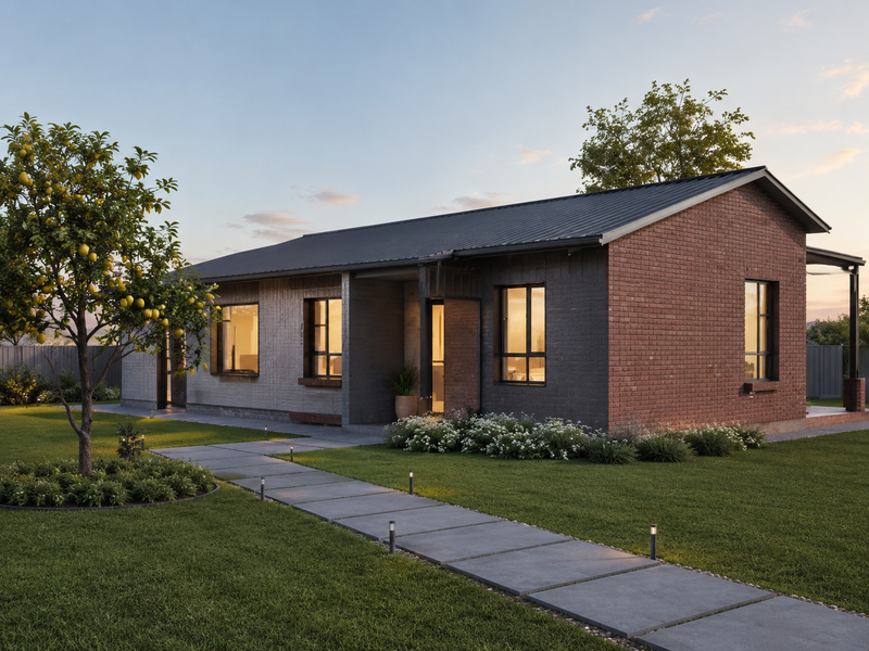 A modern single-story home featuring a striking red and grey brick facade, metal roofing, and a well-manicured front garden with a paved walkway.