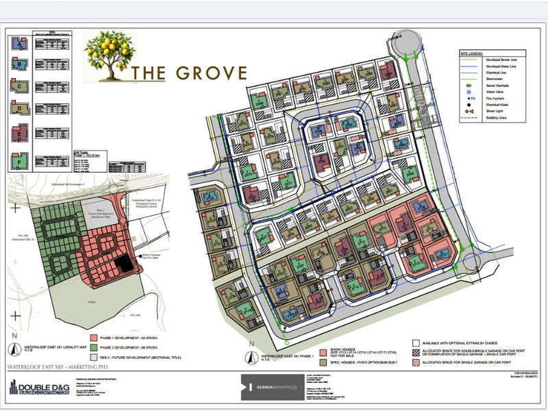 A detailed site development plan for The Grove residential estate, showing individual erf layouts, infrastructure lines, and phase development boundaries.