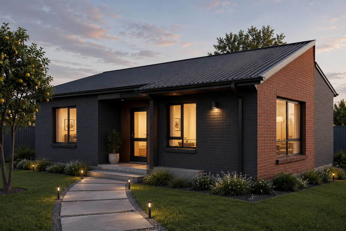 Modern single-story house featuring a striking dark brick and red brick facade, corrugated metal roof, and a well-manicured garden with a concrete walkway.