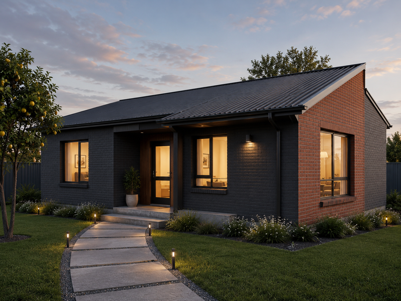 Modern single-story house featuring a striking dark brick and red brick facade, corrugated metal roof, and a well-manicured garden with a concrete walkway.