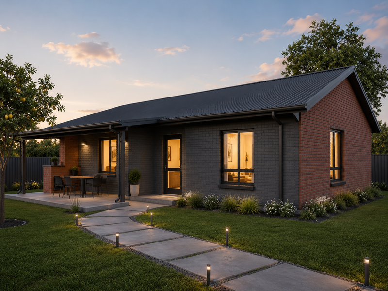 A modern single-story home featuring a brick exterior, corrugated metal roof, and a covered patio area with a concrete paver walkway.