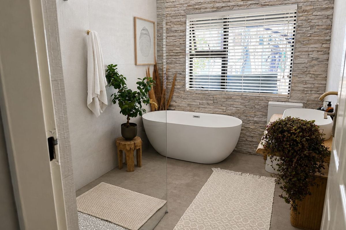 Modern bathroom featuring a freestanding bathtub, stone feature wall, glass shower screen, and a stylish vessel sink on a wooden vanity.