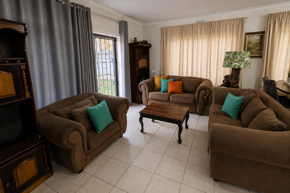 A comfortable living room featuring neutral tiled flooring, a sliding glass door providing outdoor access, and classic cove cornice detailing.