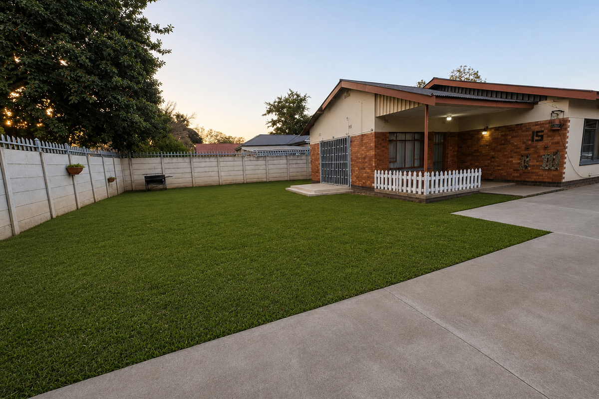 A well-maintained rear exterior featuring a spacious artificial lawn, concrete driveway, and a covered patio area with brick facade detailing.