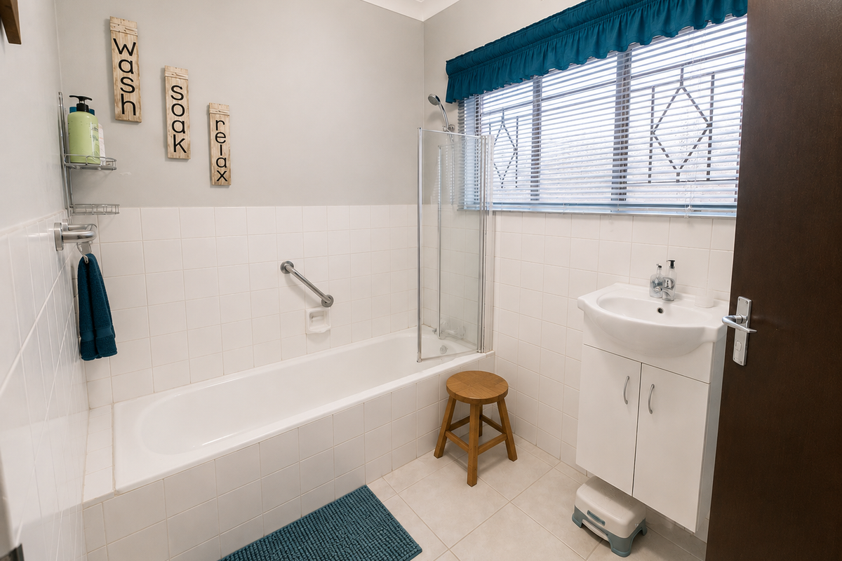 A functional bathroom featuring a bathtub with a glass screen, tiled walls, and a vanity basin with storage cabinetry.