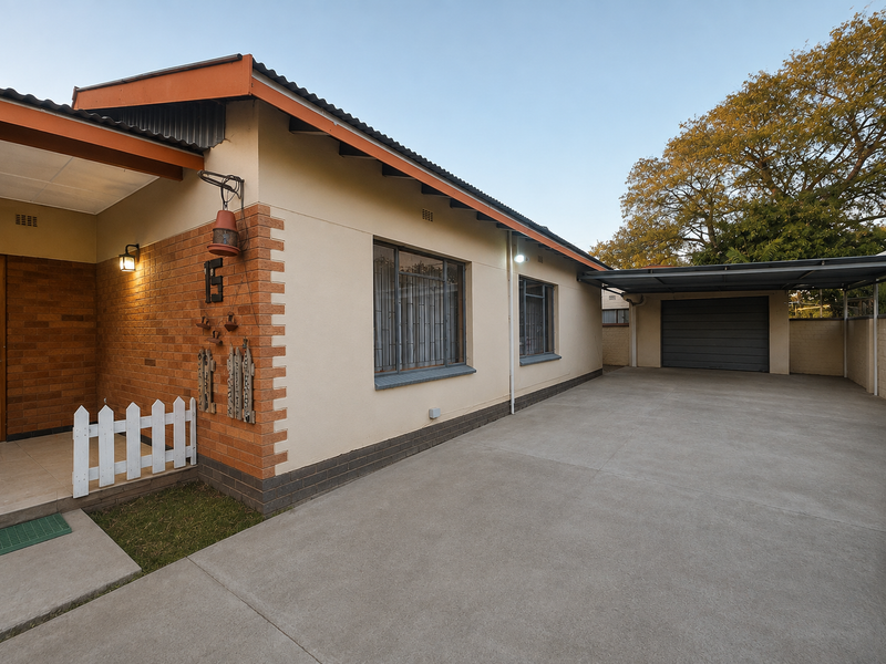Front elevation of the house featuring a brick and plaster facade, concrete driveway, and a covered carport area.