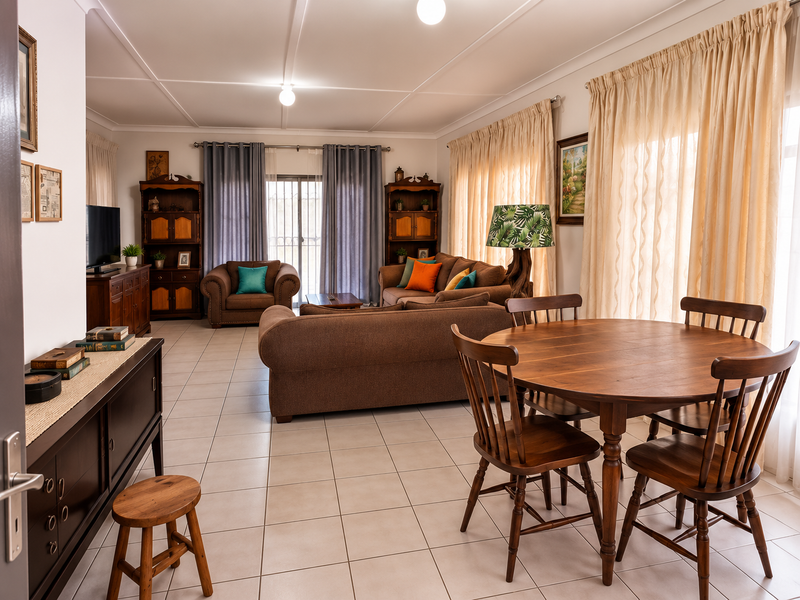 Spacious open-plan living and dining area featuring neutral tiled flooring and large windows with natural light, offering a versatile layout for family living.