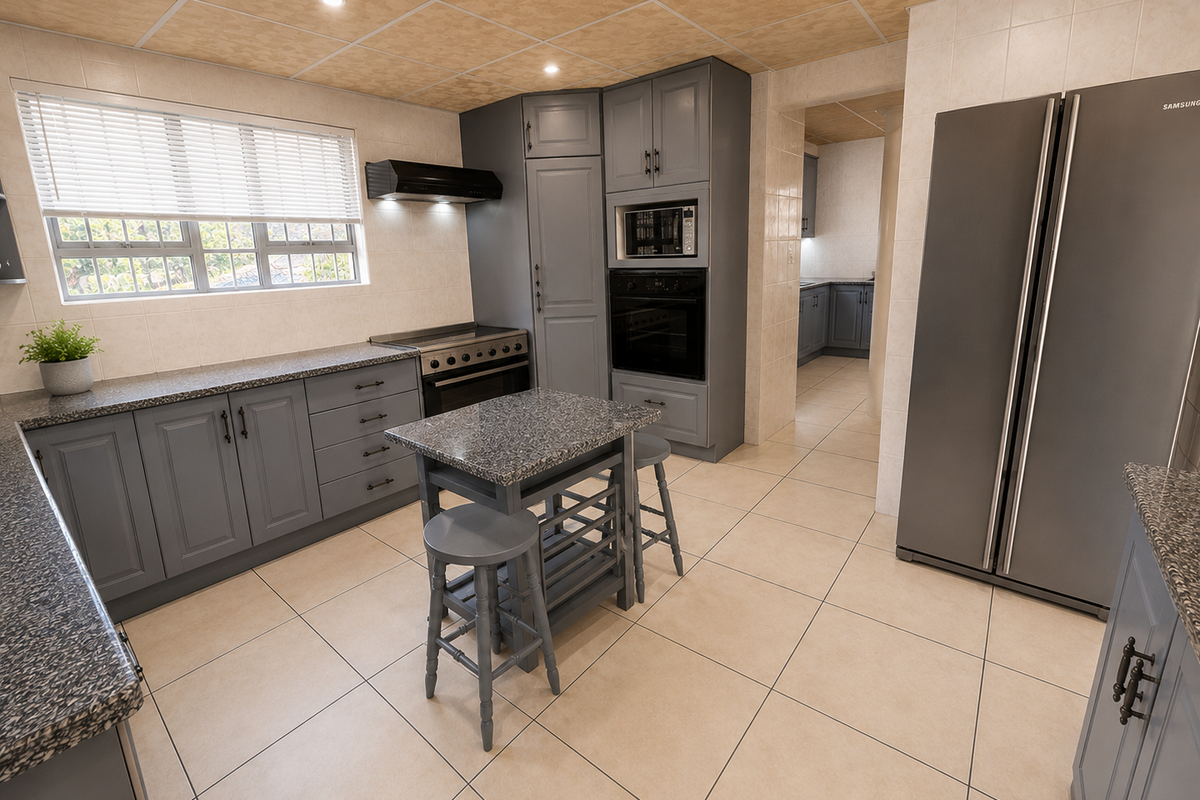 Modern kitchen featuring grey cabinetry, granite countertops, built-in oven, extractor fan, and tiled flooring, with an adjacent scullery area.