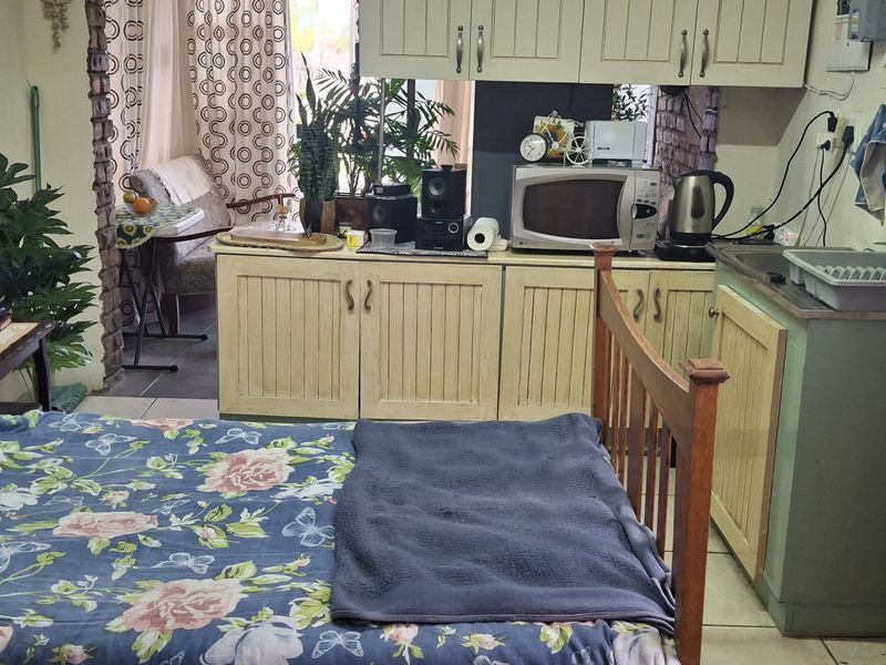 An open-plan studio space featuring a compact kitchenette with built-in cabinetry and a sink, integrated into the living and sleeping area.