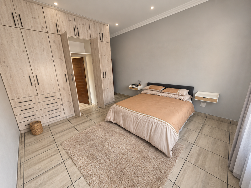 A well-maintained bedroom featuring extensive built-in cabinetry, floating bedside tables, and neutral tiled flooring with recessed lighting.