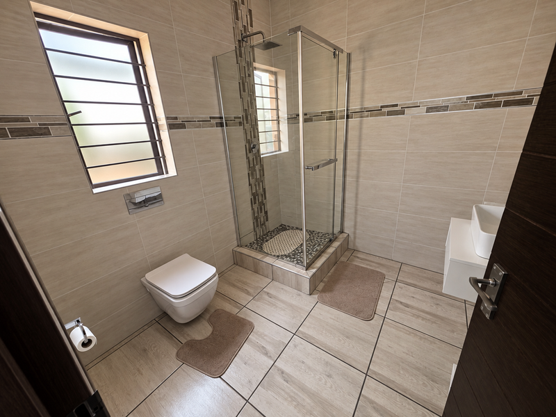 Modern bathroom featuring a glass shower enclosure, wall-mounted toilet, and floating vanity with neutral ceramic tiling throughout.
