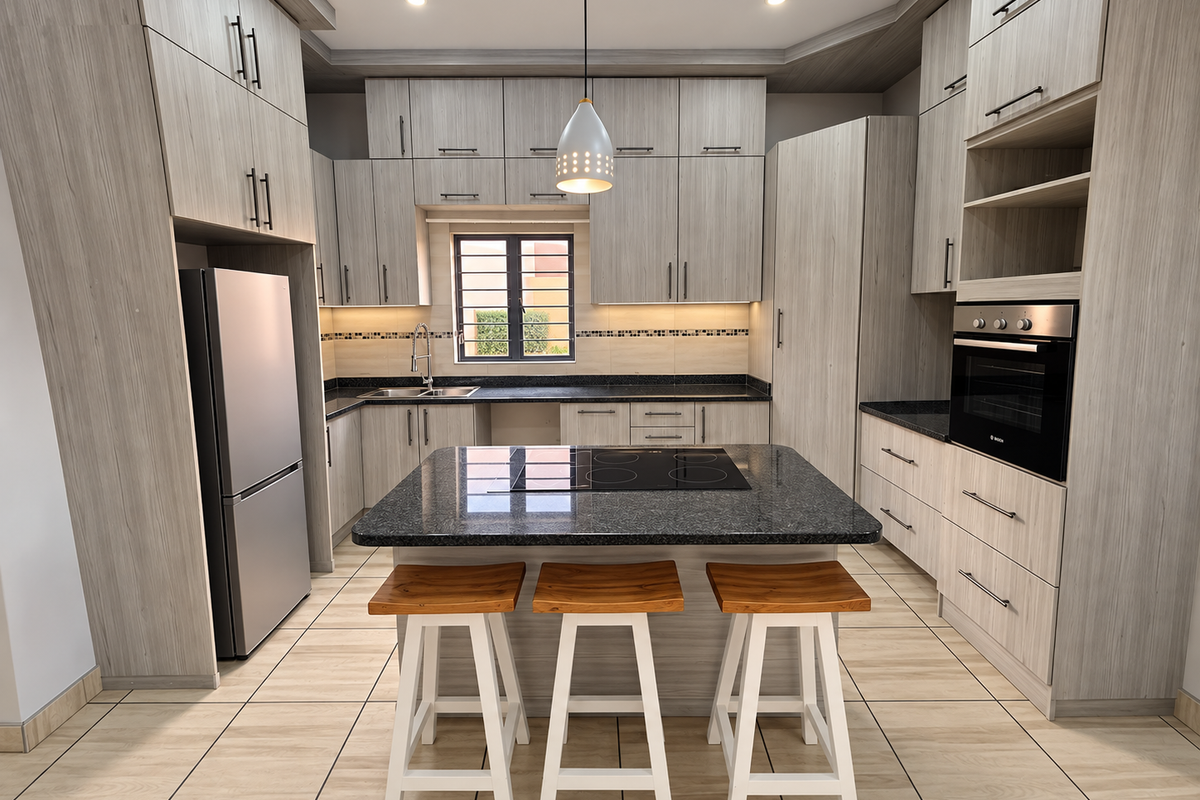 Modern kitchen featuring light wood-grain cabinetry, granite countertops, a central island with an integrated hob, and high-quality built-in appliances.