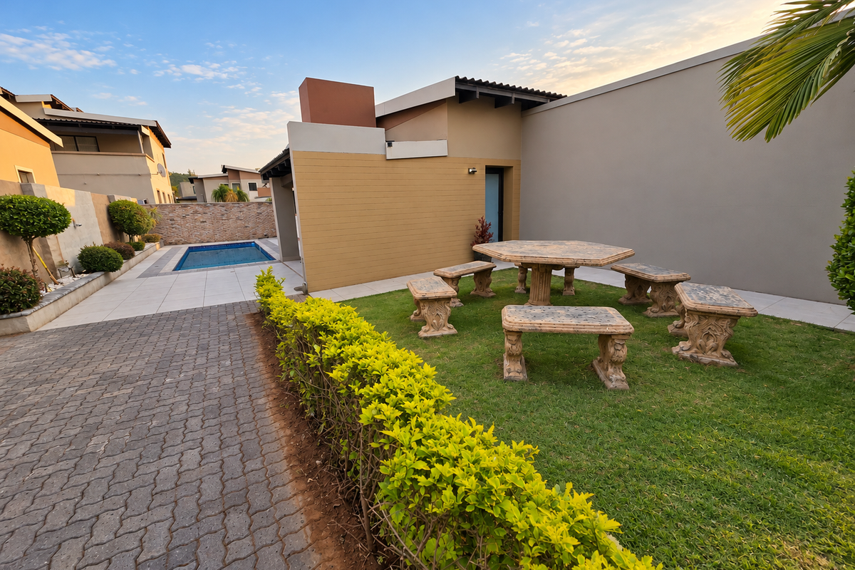 Rear exterior view featuring a landscaped garden, paved driveway, and a private swimming pool set against a modern residential building.