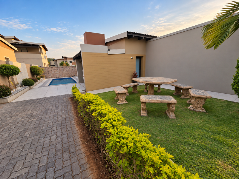 Rear exterior view featuring a landscaped garden, paved driveway, and a private swimming pool set against a modern residential building.