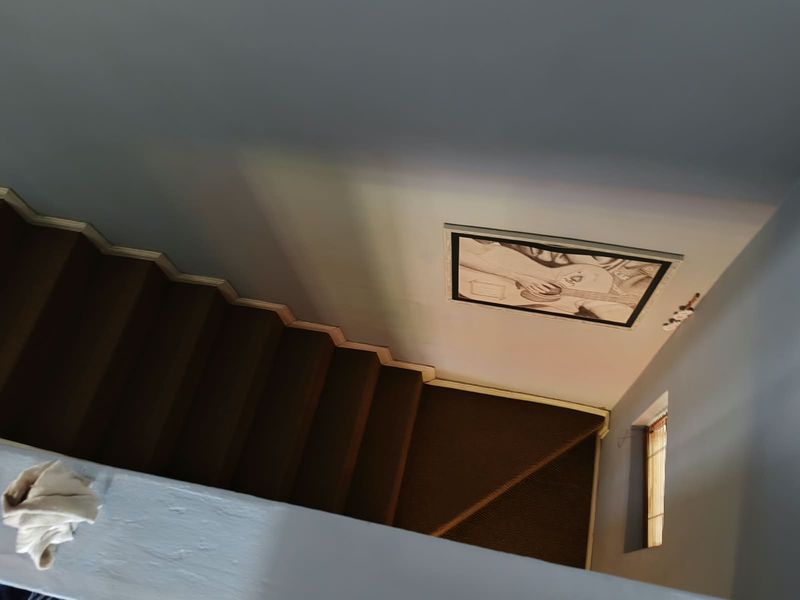 An elevated view looking down a carpeted staircase within the townhouse hallway.