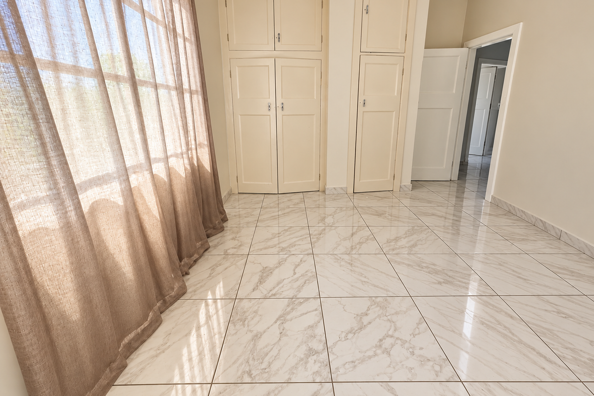 A bright, empty bedroom featuring polished marble-look floor tiles and ample built-in cupboard storage, leading to an adjacent hallway.