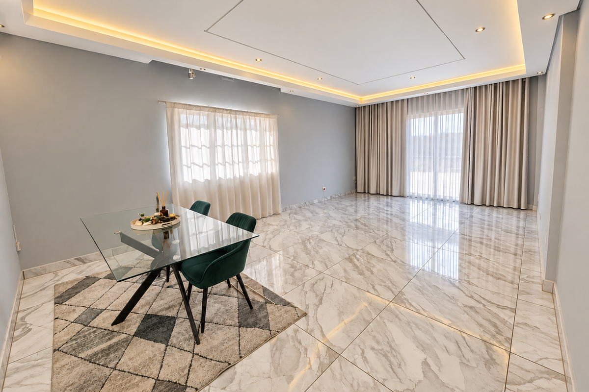 Spacious living area featuring high-end marble-look floor tiles, elegant recessed cove lighting, and floor-to-ceiling curtains leading to a bright outdoor space.