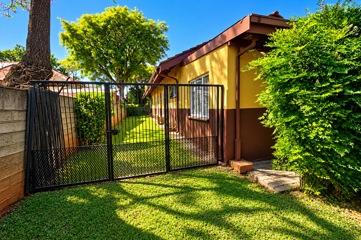 Rear exterior view of the property featuring a well-maintained lawn, metal security gate, and paved walkway alongside the building structure.