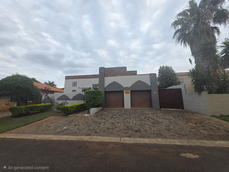 Front elevation of a residential property featuring a double garage with roller shutter doors, a paved driveway, and perimeter boundary walls.