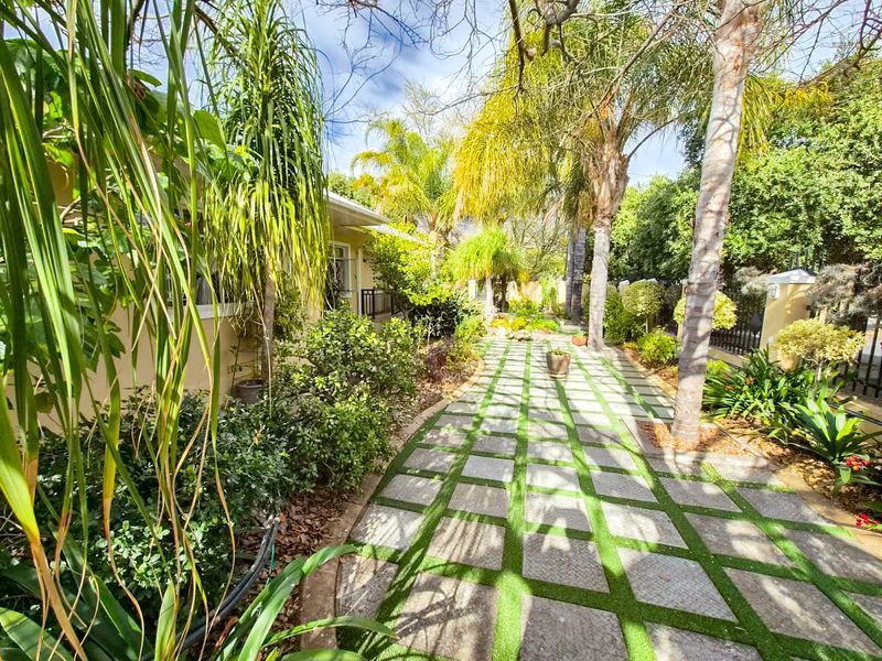A well-maintained garden path featuring stone pavers with artificial grass inlay, surrounded by mature palm trees and lush landscaping.